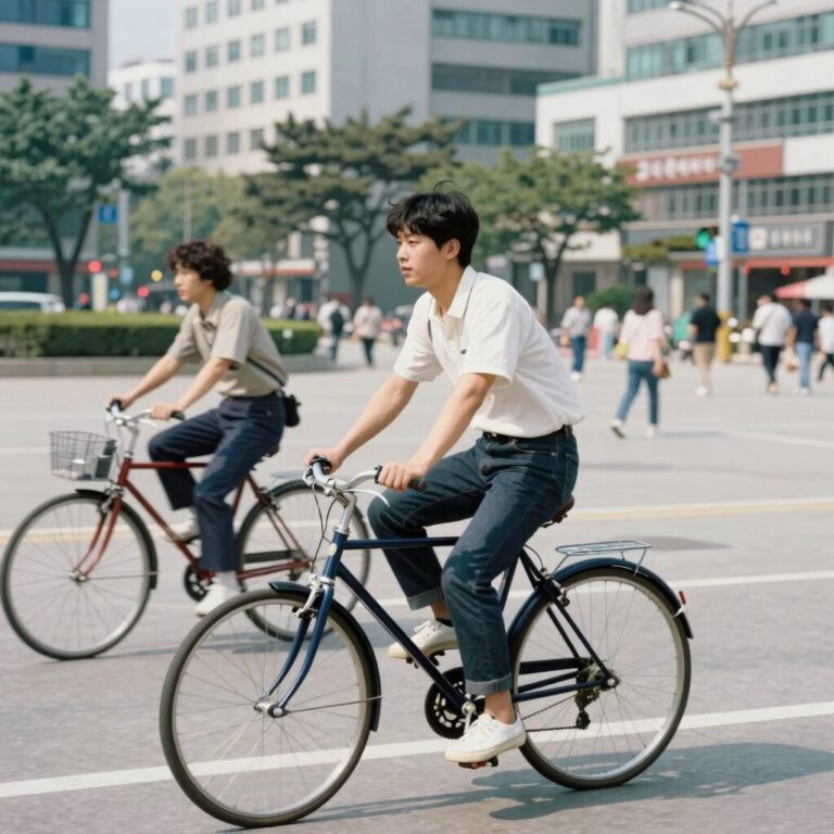1980년대 여의도 광장에서 자전거를 타고 있는 젊은 시절의 가수 전영록