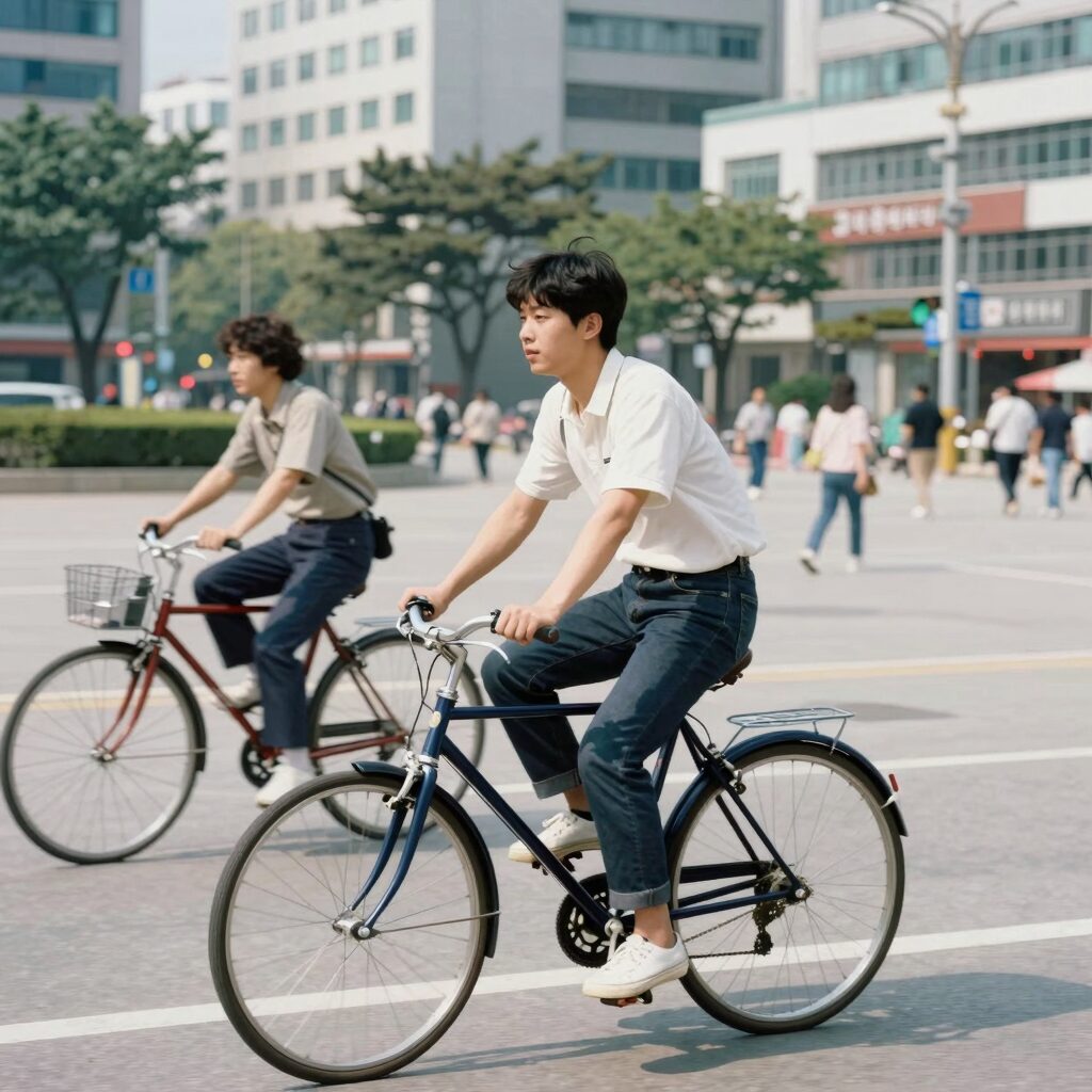 1980년대 여의도 광장에서 자전거를 타고 있는 젊은 시절의 가수 전영록
