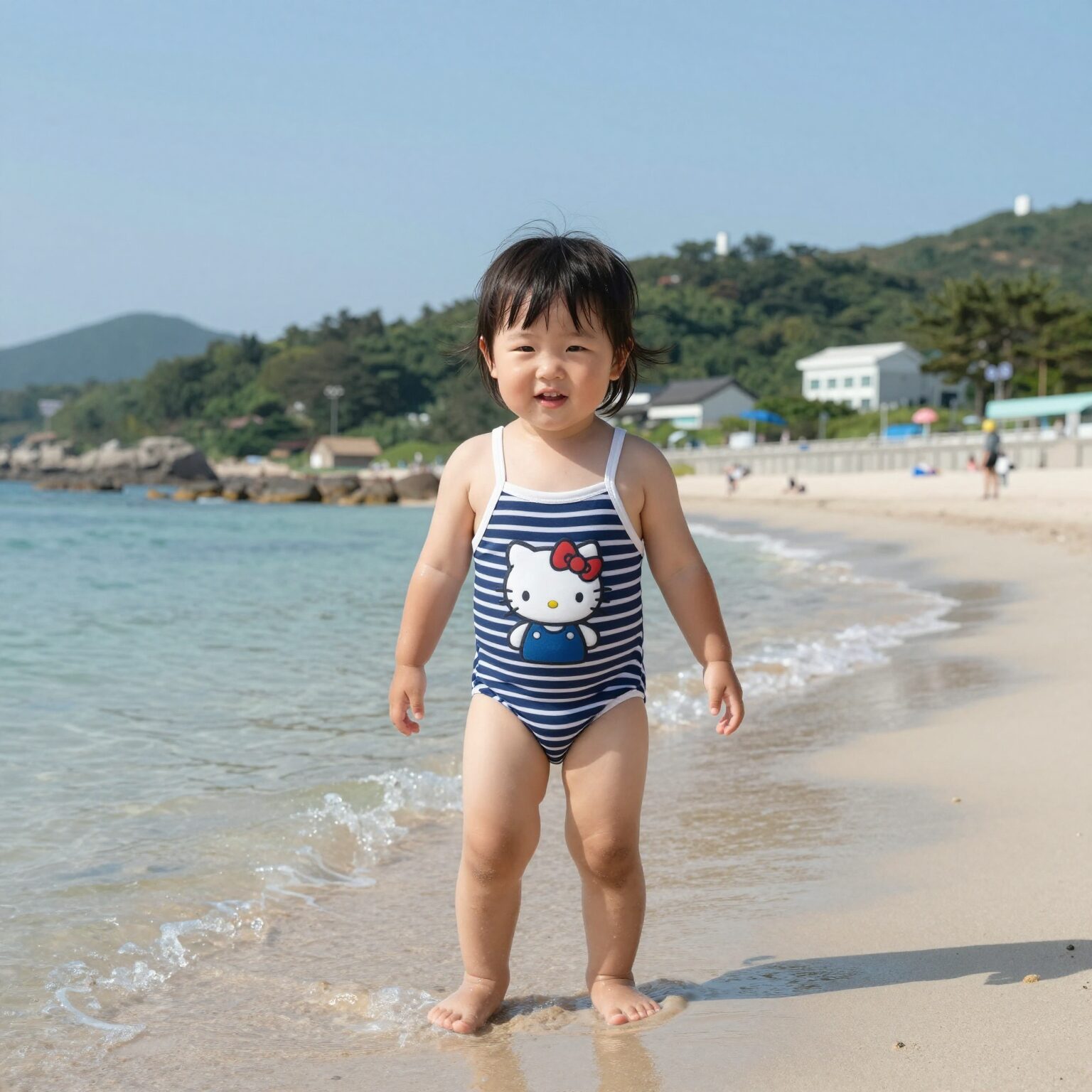 자라 키티 수영복 입은 아이가 캐리비안베이에서 즐거워하는 모습