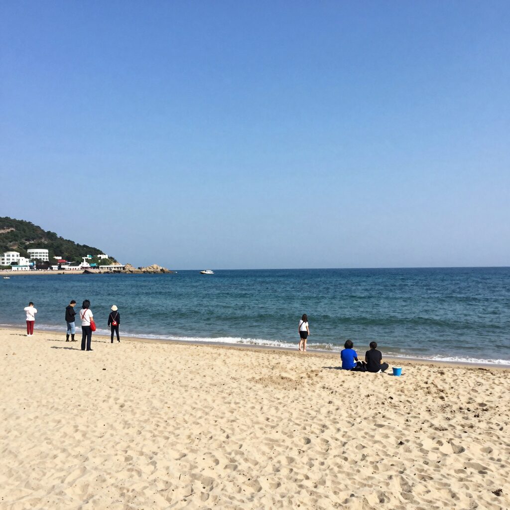 양양 죽도 해수욕장의 맑은 바다와 넓은 모래사장 전경