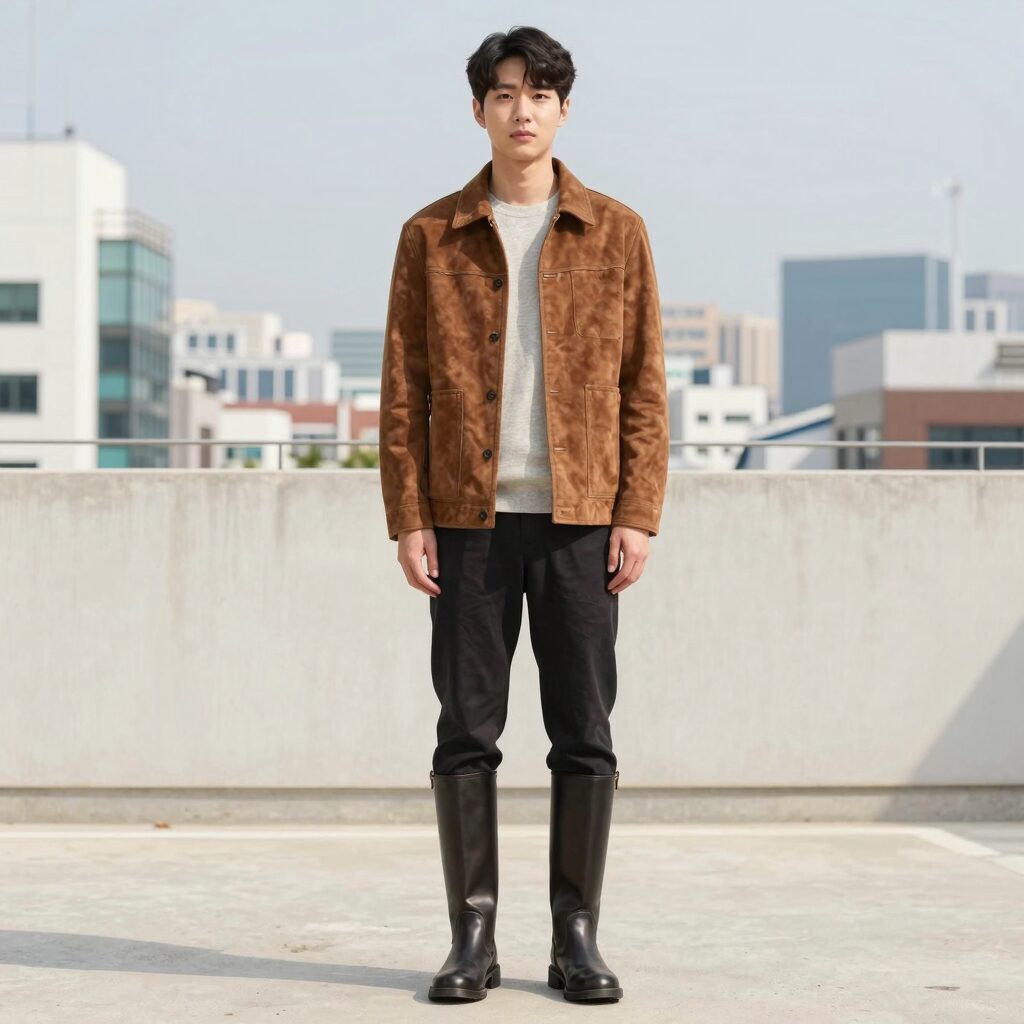 올가을 유행 패션 스웨이드 재킷과 롱부츠 코디