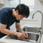 작은 바퀴벌레 목격 시 바로 점검하세요 작은 바퀴벌레 퇴치를 위해 주방 싱크대 하부를 점검하는 모습