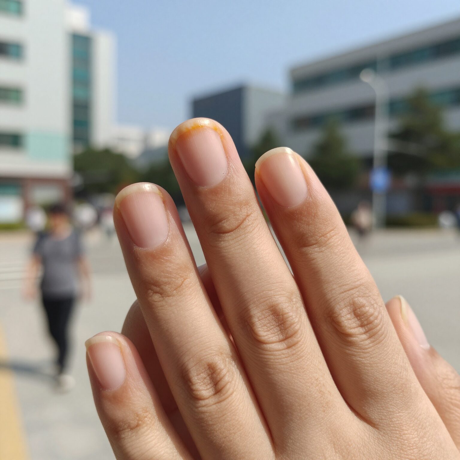 봉숭아 물들이기를 마친 손톱에 주황빛이 은은하게 남은 모습