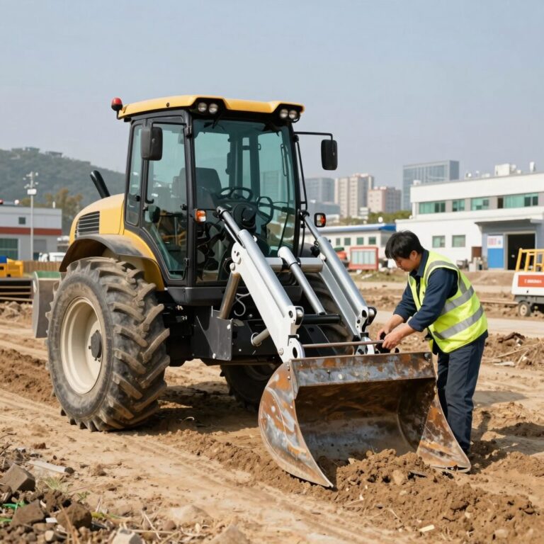 벌초 기계를 안전하게 사용하기 위해 보호장비와 작업 구역을 확인하는 모습