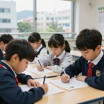 초등학생 그림 일기장을 펼쳐 그림과 글을 쓰는 모습