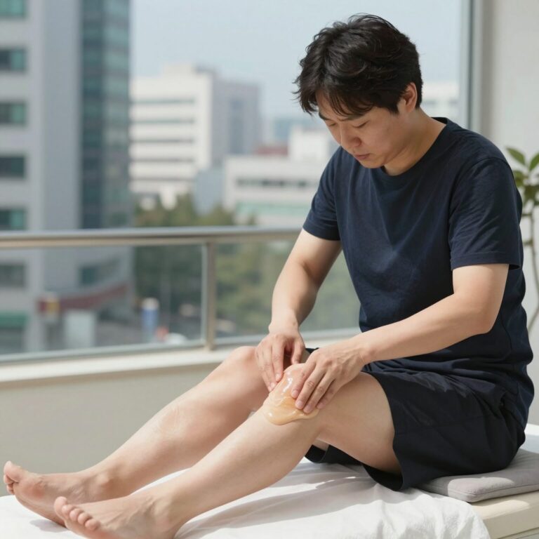 허벅지 땀띠 치료를 위해 진정 젤을 바르는 모습