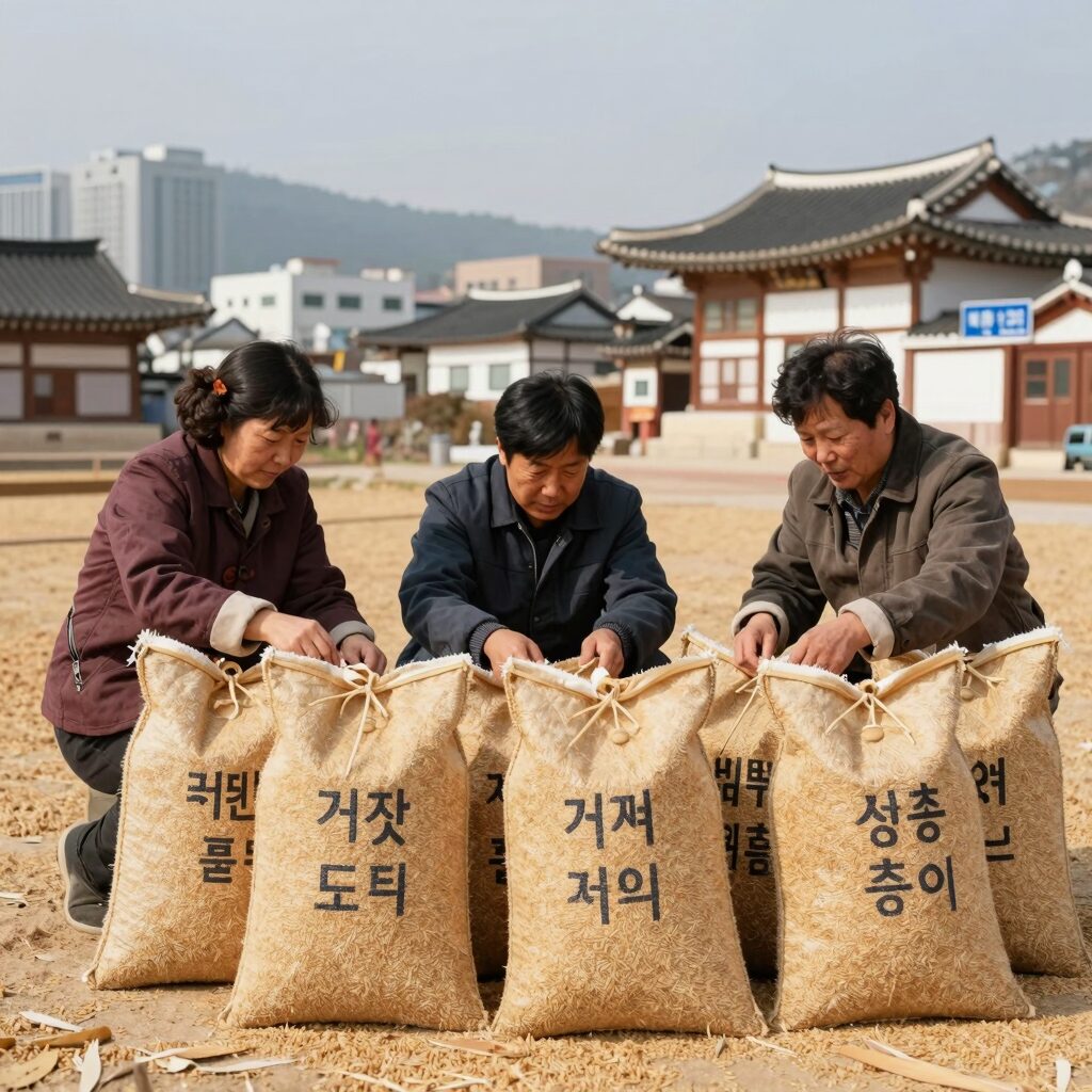 거짓쌀도둑거저리 성충이 곡물 포대 주변에 보이는 모습